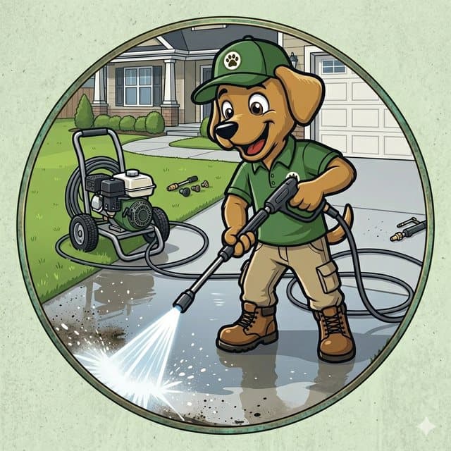 Scoop Dogg mascot pressure washing a driveway