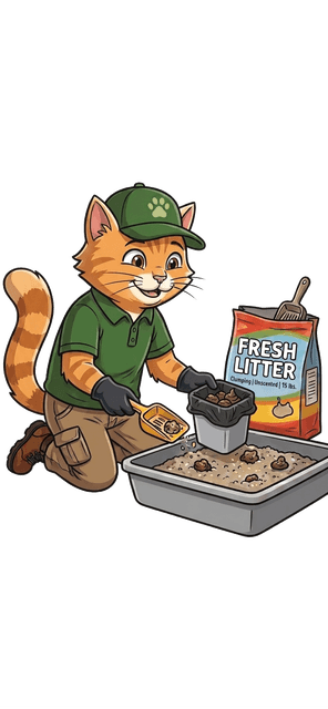 A Scoop Dogg cat cleaning a litter box