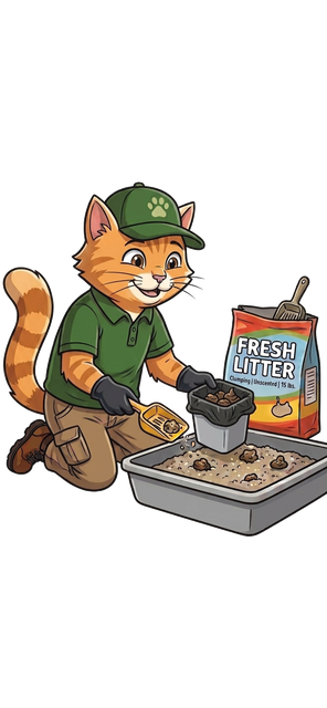 Cat character cleaning litter box