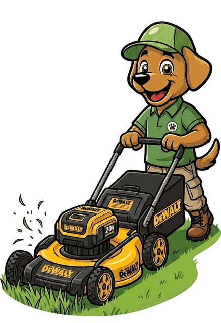 Dog character mowing grass