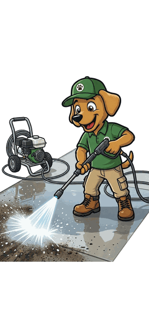 Dog character pressure washing driveway
